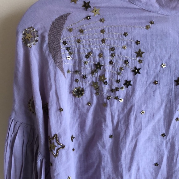 Free People whimsical Purple Blouse Stars and Moon beading - Picture 2 of 8